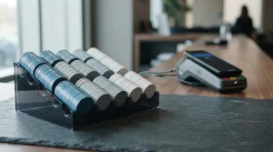 Dealer's chip rack filled with plain chips on a slate table, with a smartphone on a card terminal behind it