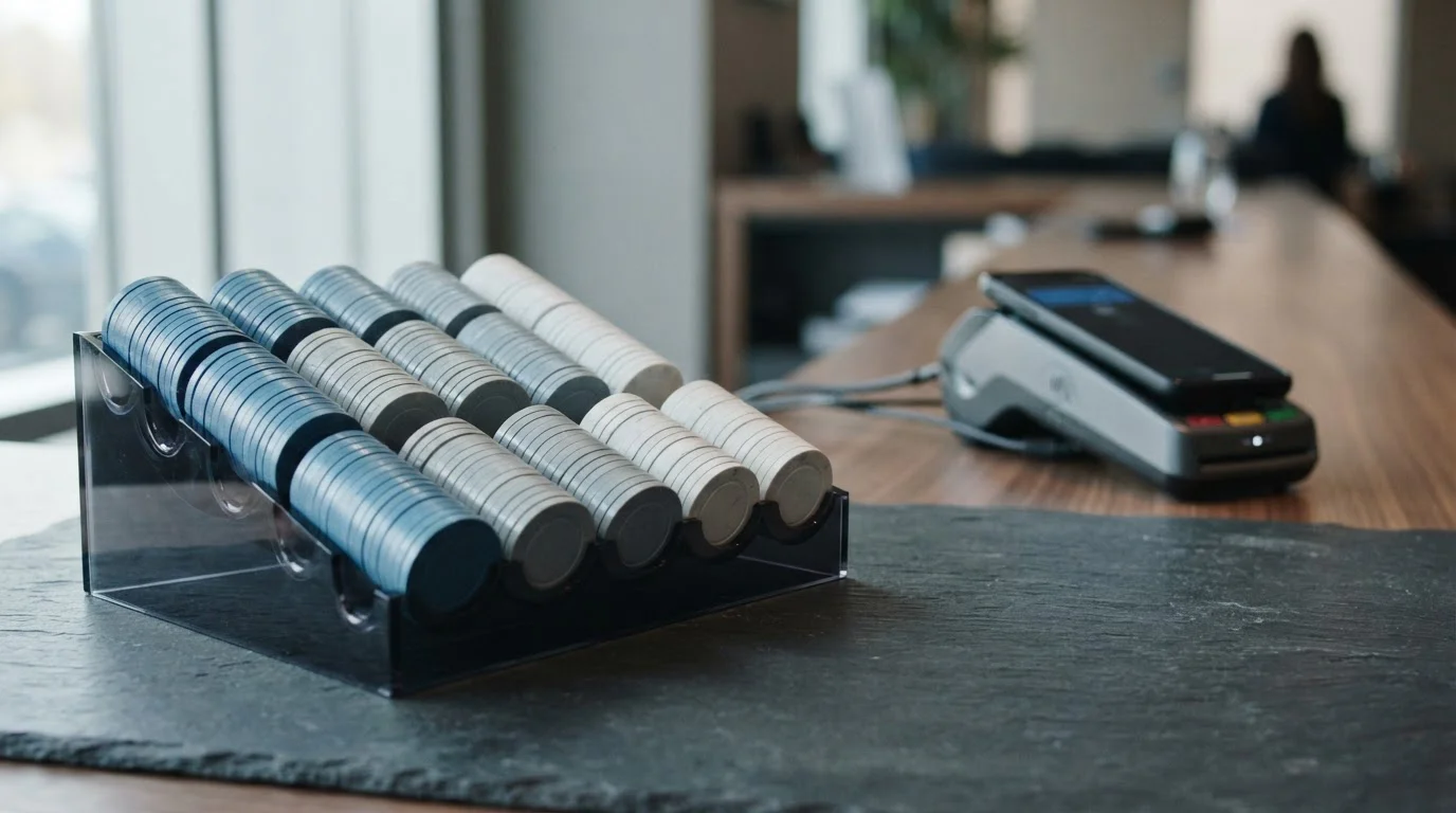 Dealer's chip rack filled with plain chips on a slate table, with a smartphone on a card terminal behind it