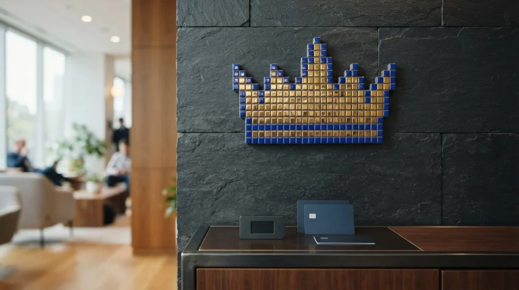 Pixel-art crown mosaic of gold and blue tiles, with a hardware wallet and payment cards below