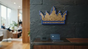 Pixel-art crown mosaic of gold and blue tiles, with a hardware wallet and payment cards below