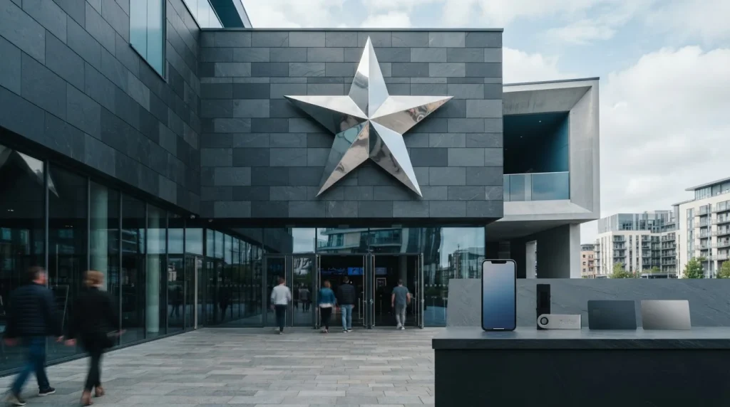 A metal star marquee on a contemporary entertainment building, with a smartphone and payment cards at a nearby counter