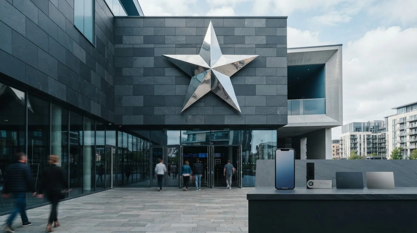 A metal star marquee on a contemporary entertainment building, with a smartphone and payment cards at a nearby counter
