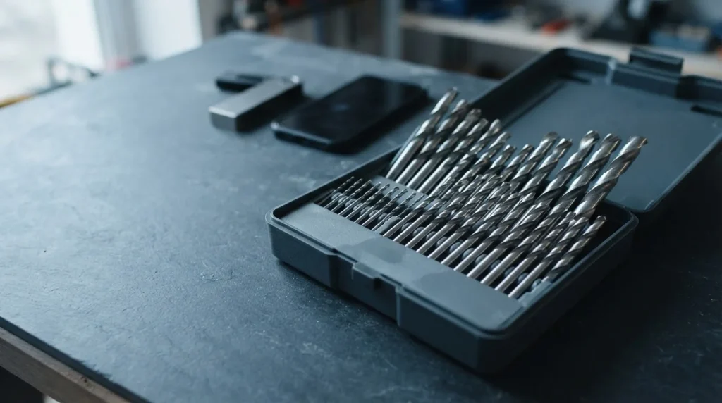 Polished steel drill bits in an open fitted case, with a hardware wallet and smartphone behind