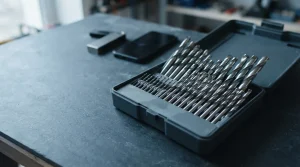 Polished steel drill bits in an open fitted case, with a hardware wallet and smartphone behind