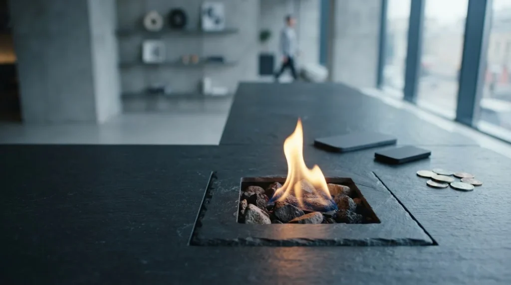 A small vivid flame burns in a dark slate hearth beside a phone and hardware wallet on a modern counter