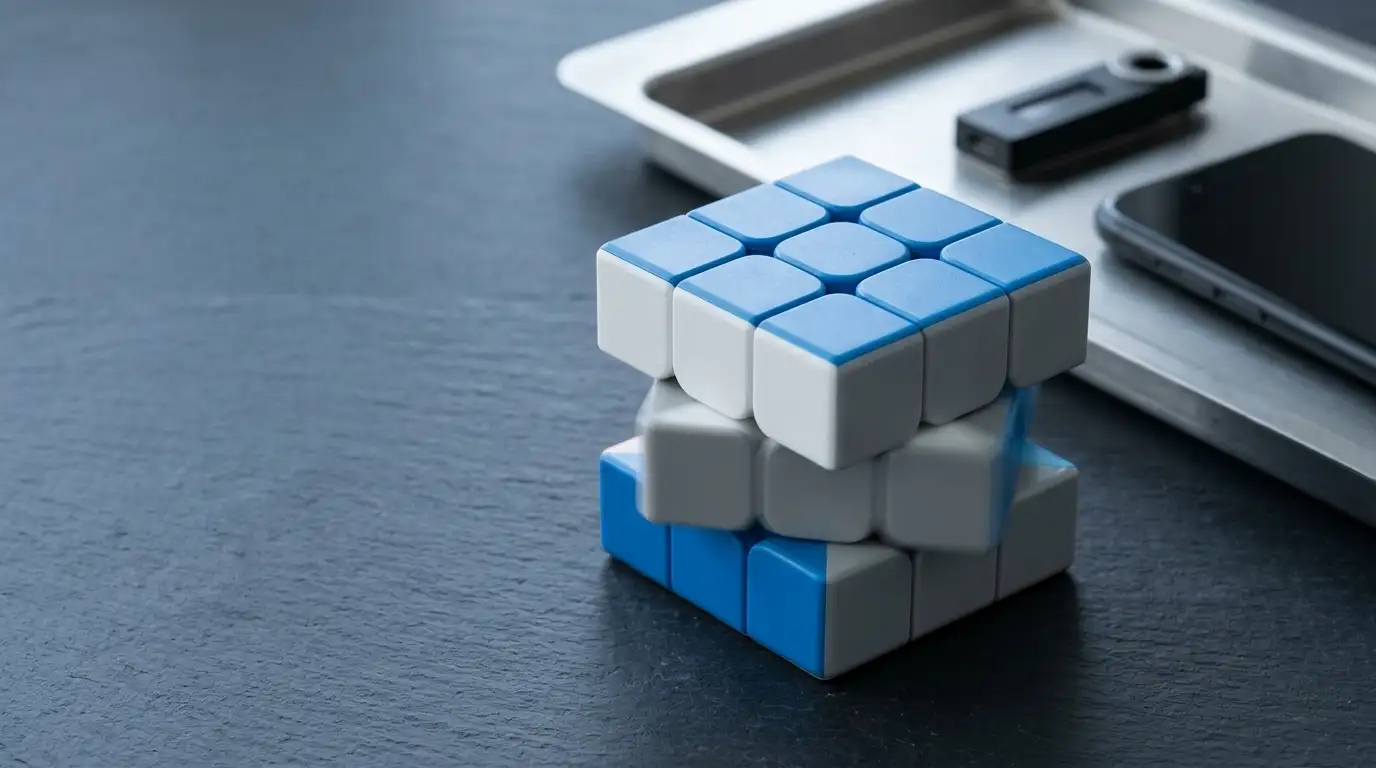 Blue, white and grey puzzle cube caught mid-turn, with a hardware wallet and smartphone by a tray