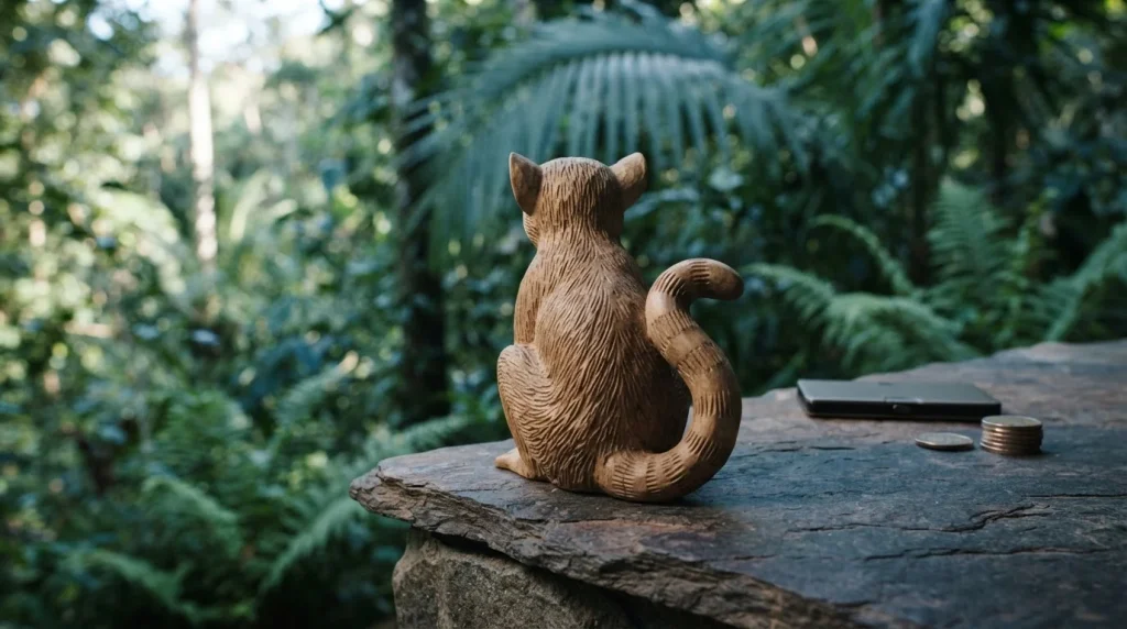 A carved wooden lemur among green jungle leaves, with a hardware wallet and coins on a slate counter in daylight