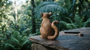 A carved wooden lemur among green jungle leaves, with a hardware wallet and coins on a slate counter in daylight