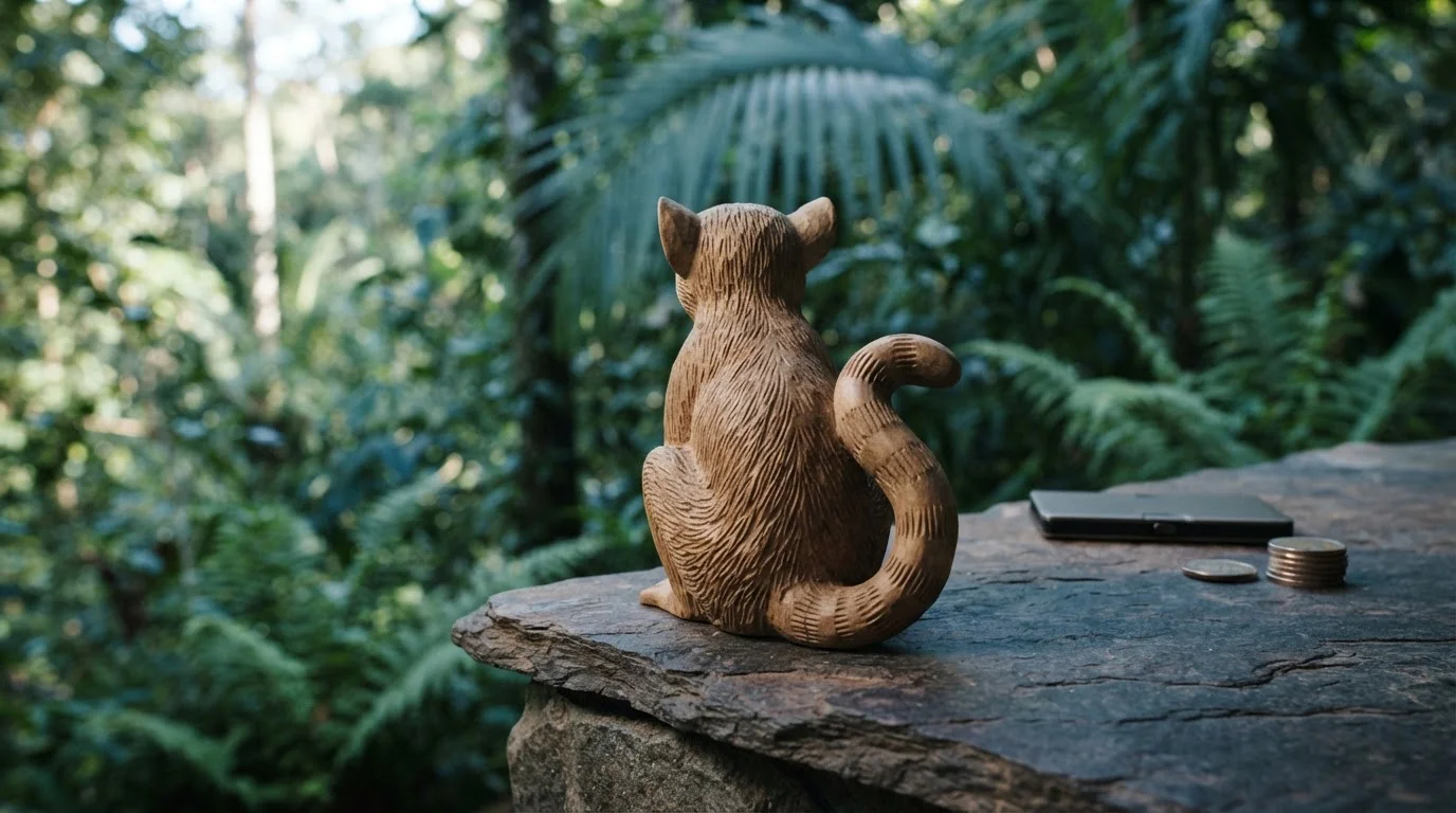 A carved wooden lemur among green jungle leaves, with a hardware wallet and coins on a slate counter in daylight