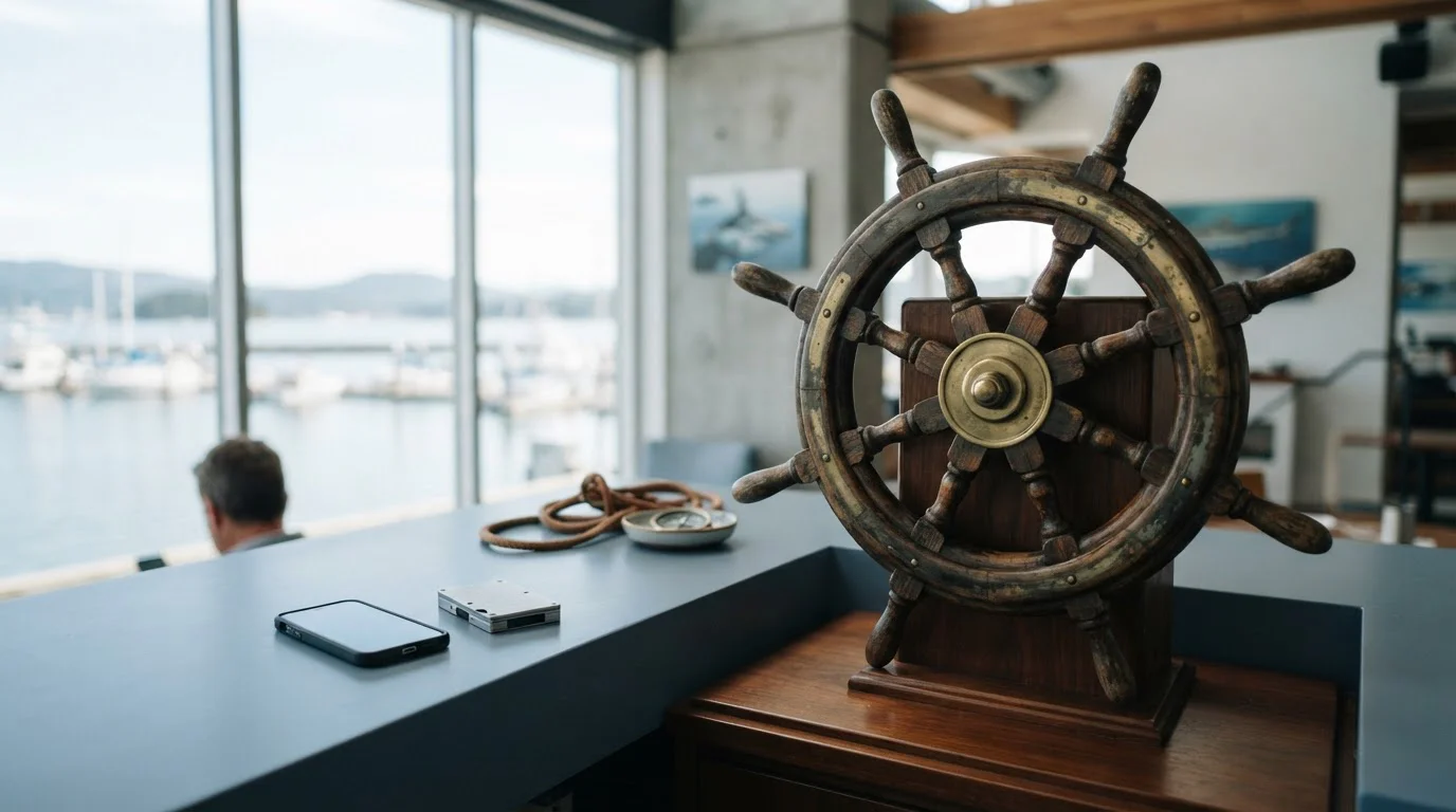Polished wooden ship helm beside a slate-blue cashier counter and a phone, photographed in clear daylight
