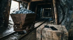 Iron mine cart full of blue-grey crystals in a timber tunnel, with a hardware wallet and smartphone on a crate