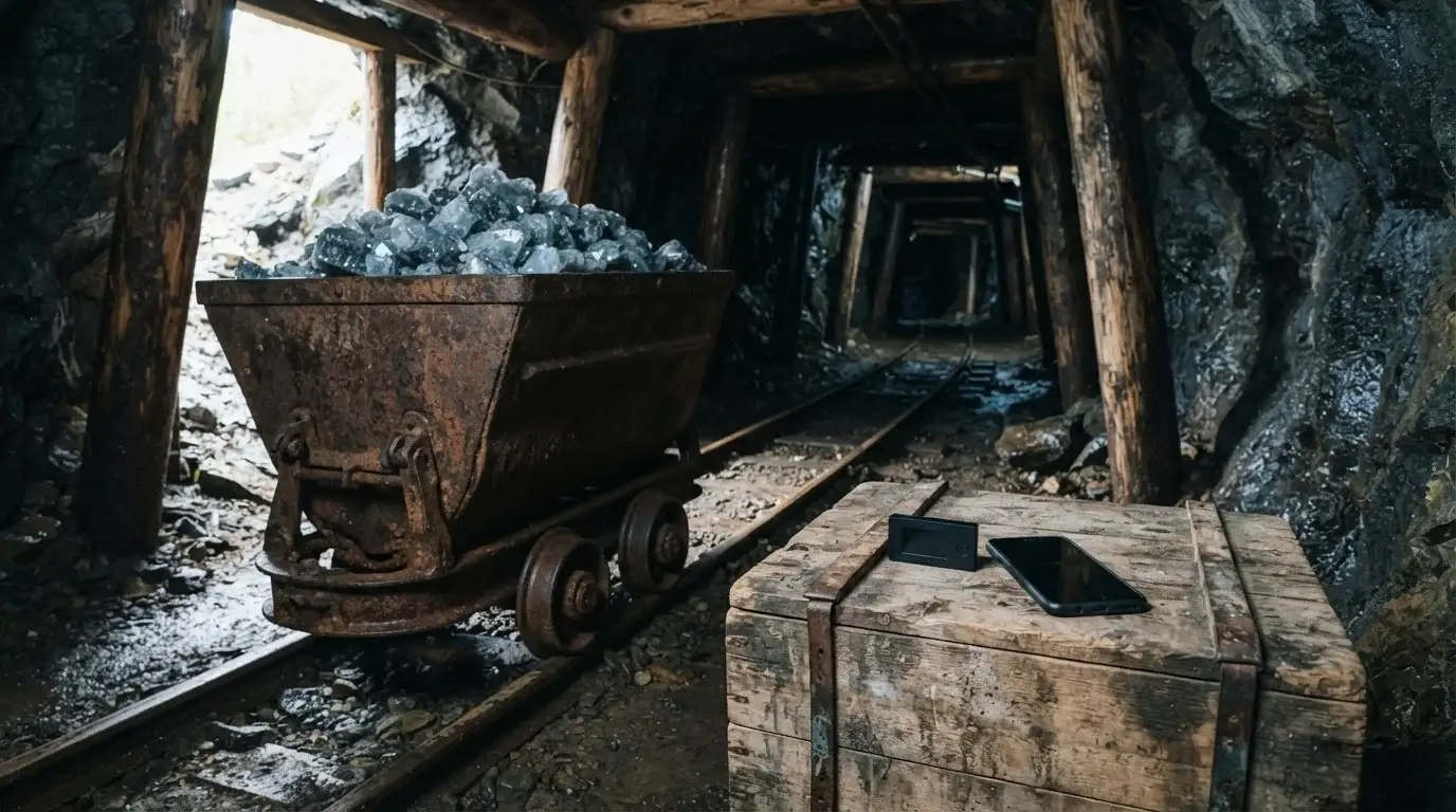 Iron mine cart full of blue-grey crystals in a timber tunnel, with a hardware wallet and smartphone on a crate