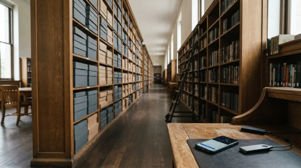 Tall library shelves of plain game boxes, with a smartphone and hardware wallet on a reading desk