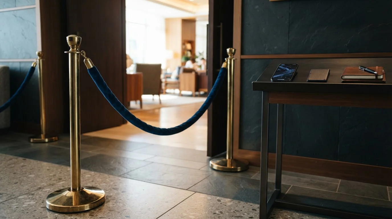 Brass stanchion and blue velvet rope at a lounge entrance, with a smartphone and hardware wallet