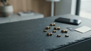 Polished brass stars arranged on a slate counter beside a smartphone and payment cards in cool daylight