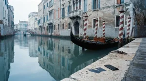 Black gondola moored on a quiet Venetian canal, with payment cards and a smartphone on a stone ledge