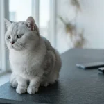 A silver-grey cat resting on a sunlit counter with a hardware wallet and phone in the background