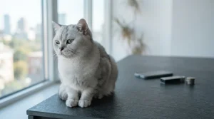 A silver-grey cat resting on a sunlit counter with a hardware wallet and phone in the background