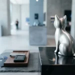 Silver cat statuette on a black marble block, with fanned payment cards and a hardware wallet on a cashier counter