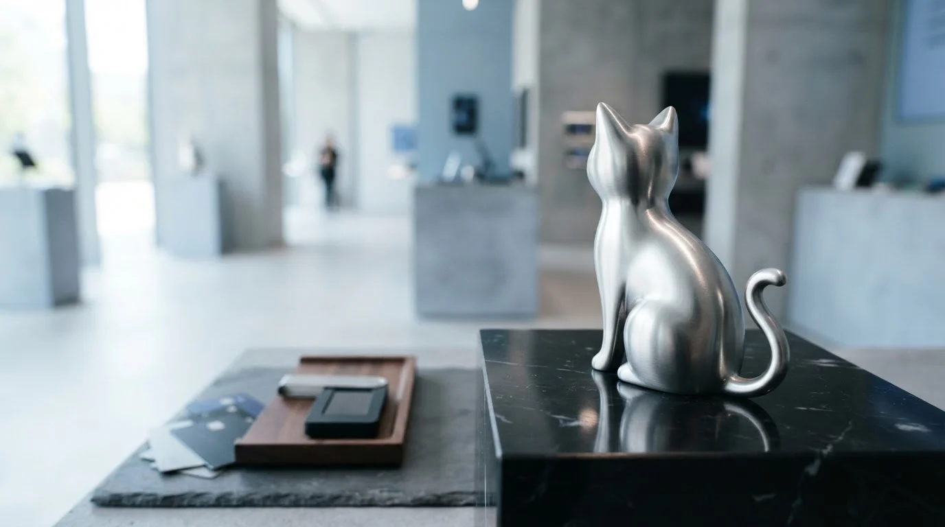 Silver cat statuette on a black marble block, with fanned payment cards and a hardware wallet on a cashier counter