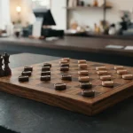 Wooden checkers board mid-game with stacked draughts pieces, with payment cards and a smartphone by a cashier counter