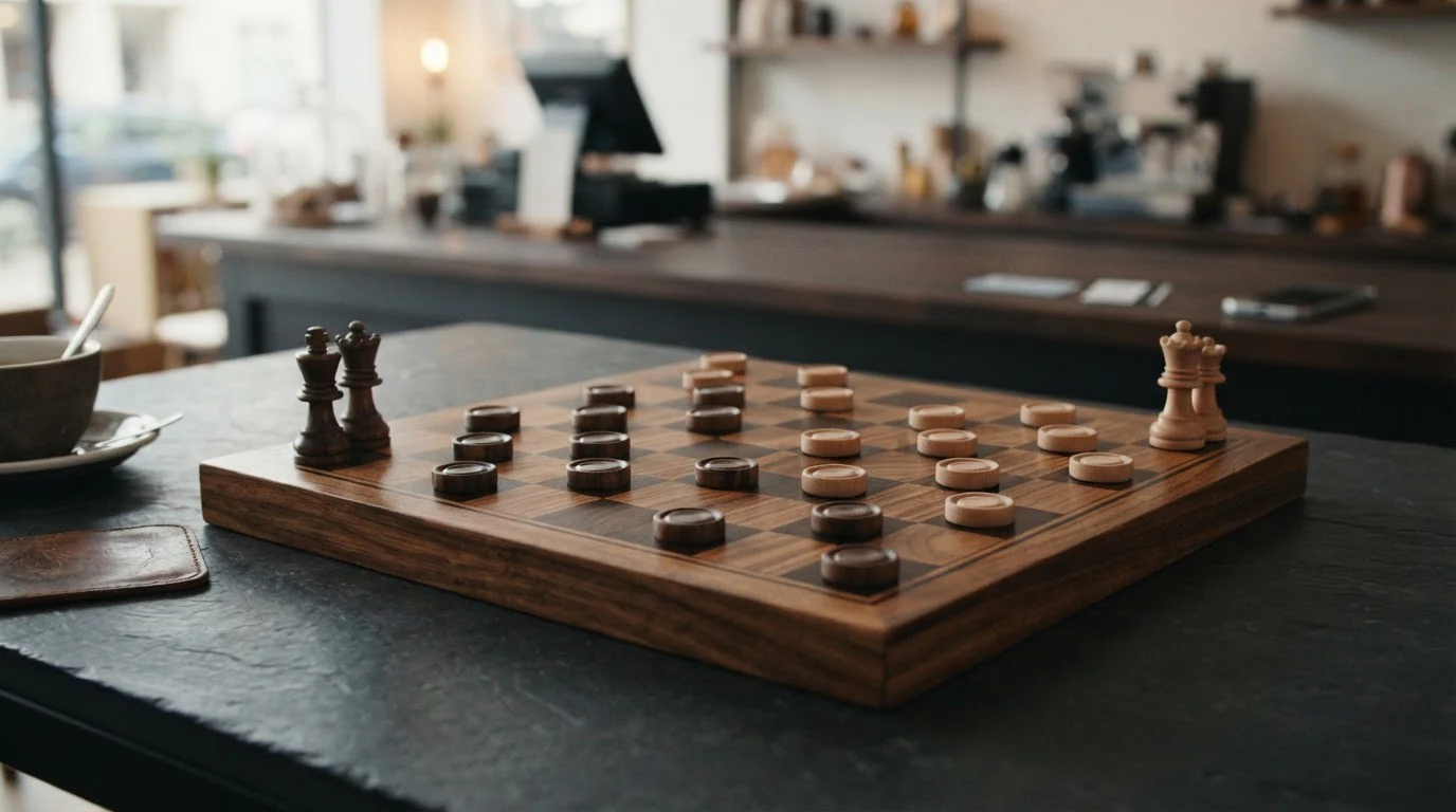 Wooden checkers board mid-game with stacked draughts pieces, with payment cards and a smartphone by a cashier counter