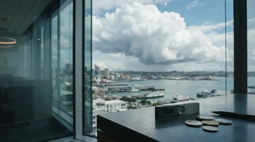 Bright cloud above a blue harbour skyline, with a small hardware wallet on a sunlit counter in the foreground