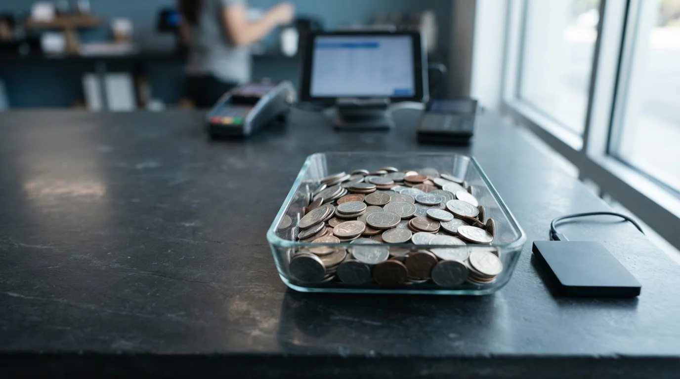Unmarked silver and copper coins in a glass tray on a slate desk, with a hardware wallet beside a modern cashier counter