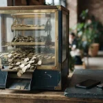 Arcade coin pusher with brass shelves of plain tokens, with a smartphone and hardware wallet on a cashier counter