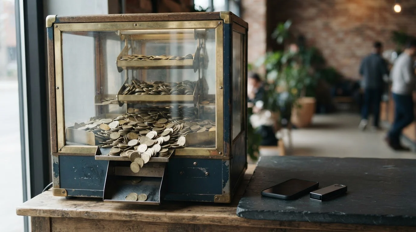 Arcade coin pusher with brass shelves of plain tokens, with a smartphone and hardware wallet on a cashier counter