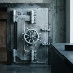 Frosted metal vault door in cool daylight with a hardware wallet and loose coins on a nearby counter