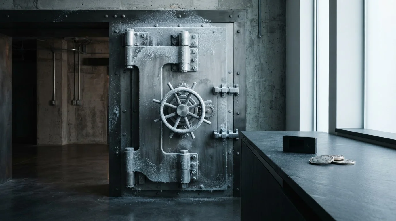Frosted metal vault door in cool daylight with a hardware wallet and loose coins on a nearby counter