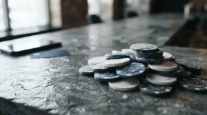 Frosted unbranded casino chips on a cool slate counter with a face-down phone and payment card in the background