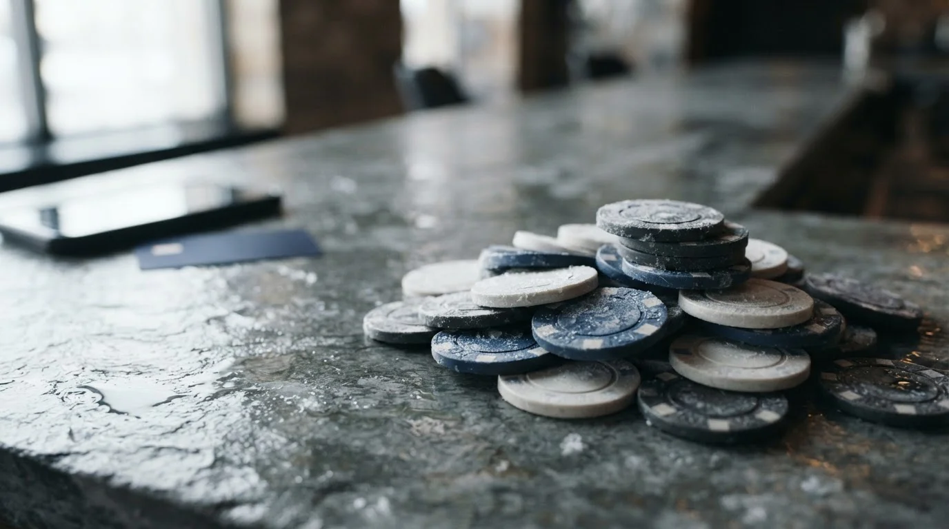 Frosted unbranded casino chips on a cool slate counter with a face-down phone and payment card in the background