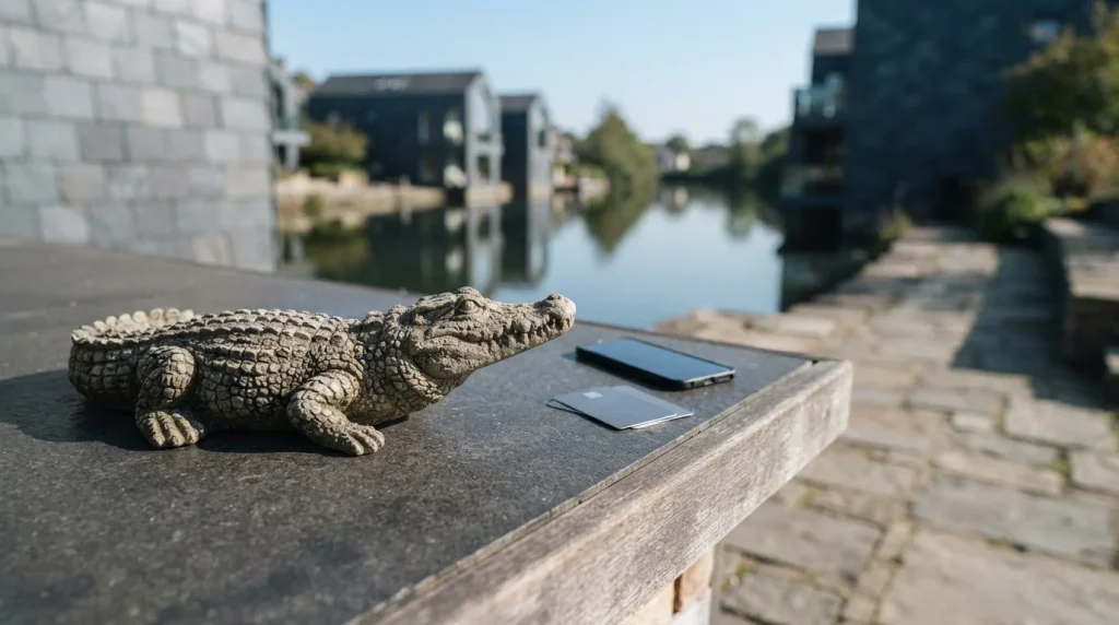 A sculpted crocodile beside a riverside counter, with a smartphone and payment cards in cool daylight