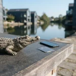 A sculpted crocodile beside a riverside counter, with a smartphone and payment cards in cool daylight