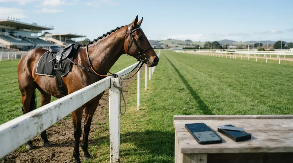 Saddled racehorse at the white rail of a grass racecourse, with a smartphone and hardware wallet on a trackside counter