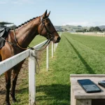 Saddled racehorse at the white rail of a grass racecourse, with a smartphone and hardware wallet on a trackside counter