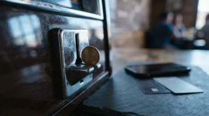 Chrome token slot with a brass token about to drop in, with a smartphone and payment cards