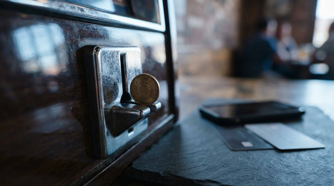 Chrome token slot with a brass token about to drop in, with a smartphone and payment cards