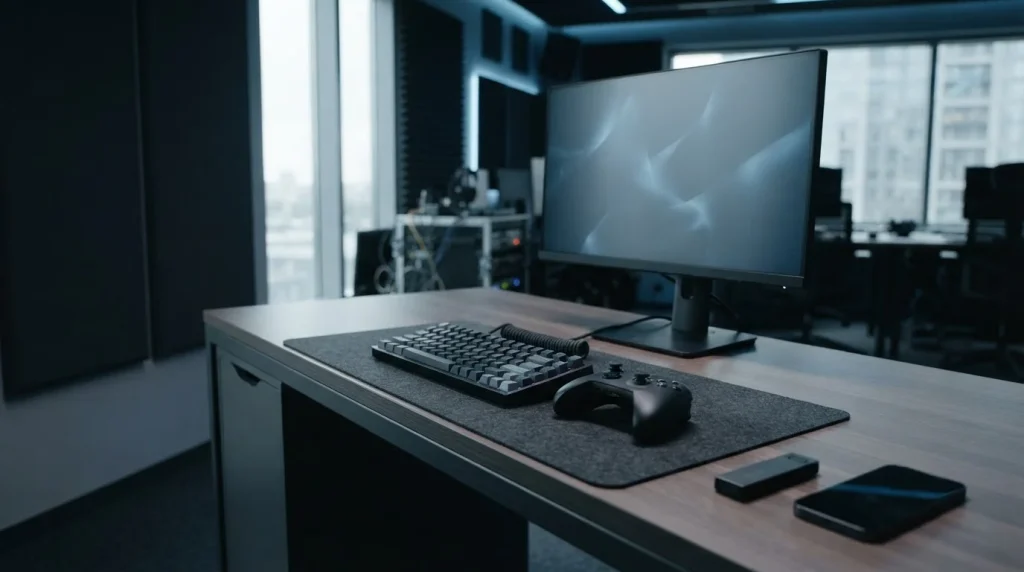 Daylit esports gaming desk with a mechanical keyboard and controller, with a small hardware wallet beside the monitor