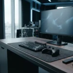 Daylit esports gaming desk with a mechanical keyboard and controller, with a small hardware wallet beside the monitor