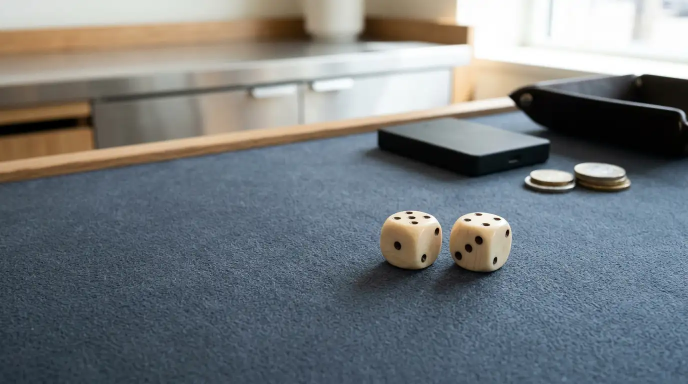 Polished dice resting on a blue felt gaming table with a small unbranded hardware wallet in the background