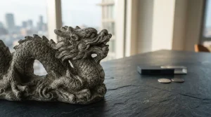 Stone dragon sculpture on a cool slate counter, with a discreet hardware wallet and coins in the background