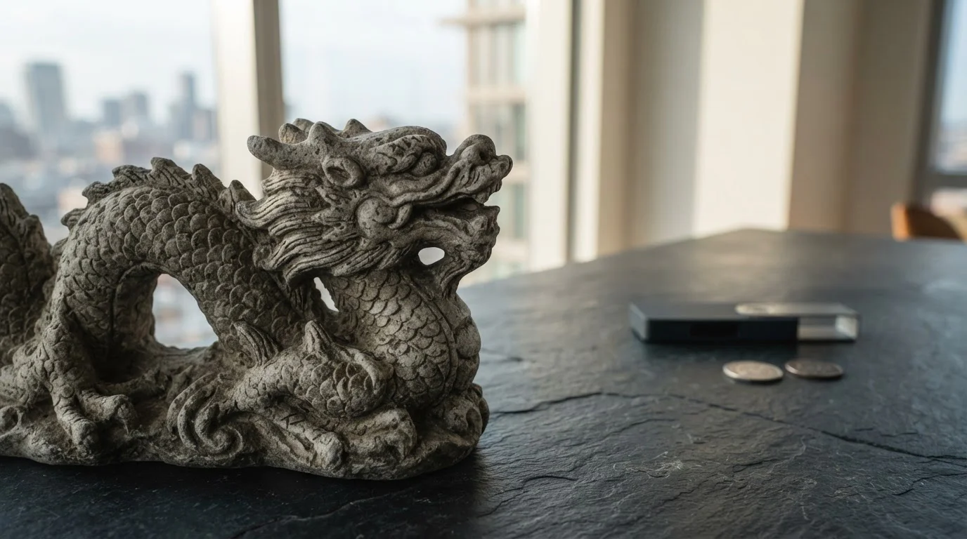 Stone dragon sculpture on a cool slate counter, with a discreet hardware wallet and coins in the background