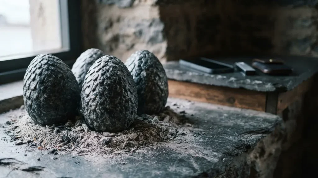 Three carved stone dragon eggs nested in grey ash, with a smartphone and hardware wallet on a cashier ledge