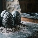 Three carved stone dragon eggs nested in grey ash, with a smartphone and hardware wallet on a cashier ledge