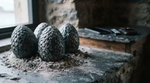 Three carved stone dragon eggs nested in grey ash, with a smartphone and hardware wallet on a cashier ledge