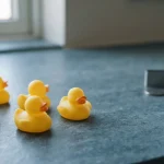 Yellow rubber ducks on a slate-blue counter with a hardware wallet and unmarked coins in the background
