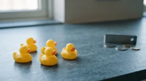 Yellow rubber ducks on a slate-blue counter with a hardware wallet and unmarked coins in the background